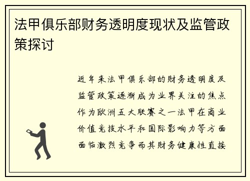 法甲俱乐部财务透明度现状及监管政策探讨