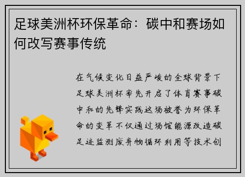 足球美洲杯环保革命：碳中和赛场如何改写赛事传统