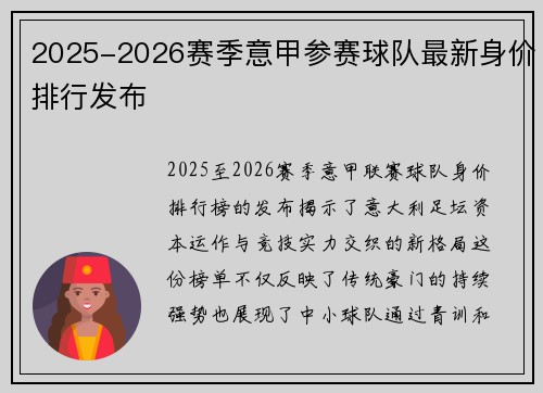 2025-2026赛季意甲参赛球队最新身价排行发布